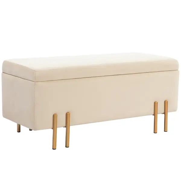 HOMCOM Bancă de Depozitare cu Șezut Tapițat și Picioare Lăcuite Aurii, 100x40x42 cm, Gri | Aosom Romania