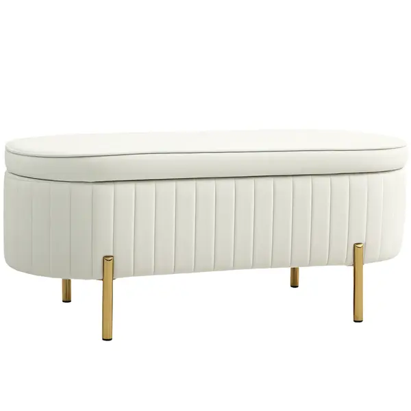 HOMCOM Bancă de Depozitare de Intrare Ovală 72L, Design Canelat cu Capac Rabatabil și Scaun Capitonat, Bancă de la Capătul Patului, Pouf, în Velur și cu Picioare din Lemn de Pin, 108x44x43.5 cm, Crem | Aosom Romania