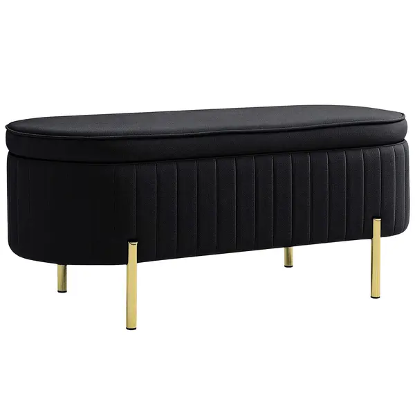 HOMCOM Bancă de Depozitare Ovală 72L cu Capac Rabatabil, din Catifea și Lemn, 108 x 44 x 43,5 cm, Negru | Aosom Romania