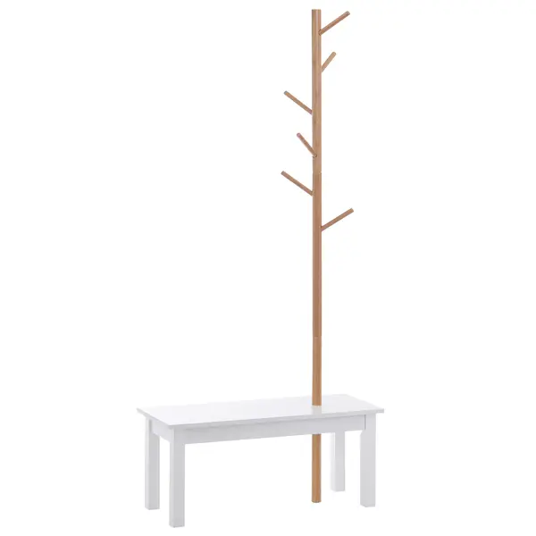HOMCOM Bancă hol, cu un Cuier în Bambus, Design Modern, Spațiu de Depozitare, Alb și Lemn, 80x30x180 cm | Aosom Romania