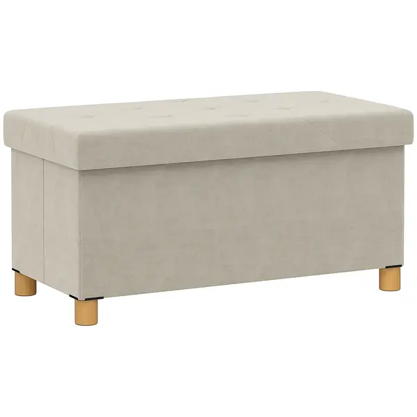 HOMCOM Bancă Ladă de Depozitare Pliabilă, Bancă de Pat cu Capac Căptușit și Înveliș de Catifea, 76x38x38 cm, Crem Alb | Aosom Romania