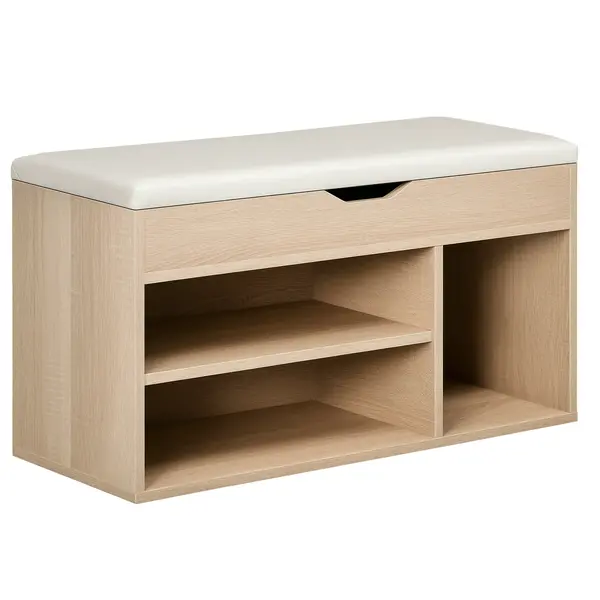 HOMCOM Bancă pentru Pantofi cu 3 Compartimente, Spațiu Ascuns și Șezut din Piele PU, 80x30x43 cm, Lemn Natural | Aosom Romania