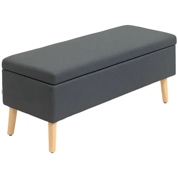 HOMCOM Bancă tapițată cu depozitare, bancă de dormit în model de in, lemn de cauciuc, 110 x 39 x 45 cm, Gri închis | Aosom Romania