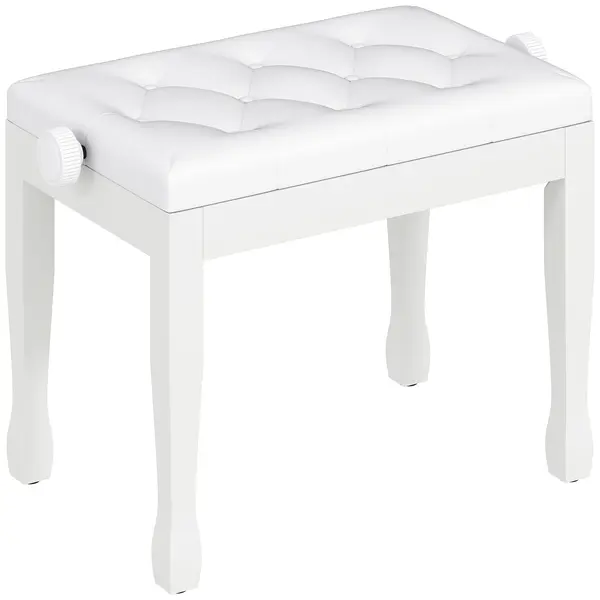 HOMCOM Banchetă de pian, banchetă pentru claviatură cu înălțime reglabilă din lemn masiv, șezut căptușit, 64 x 35 x 45-55 cm, alb | Aosom Romania