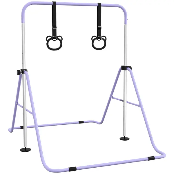 HOMCOM Bară Gimnastică Artistică pentru Copii Reglabilă cu 2 Inele, din Oțel, 148x105x88-128 cm, Mov | Aosom Romania