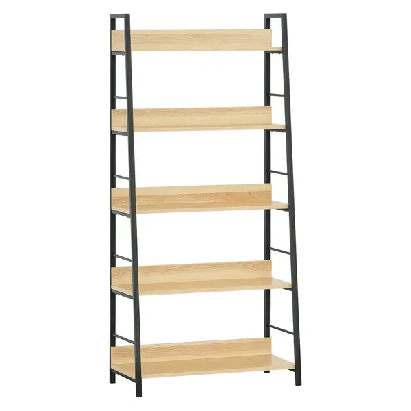 HOMCOM Bibliotecă bibliotecă de stil industrial înclinat 5 Niveluri 70L x 35l x 150H cm Culoare lemn stejar deschis Negru | Aosom Romania