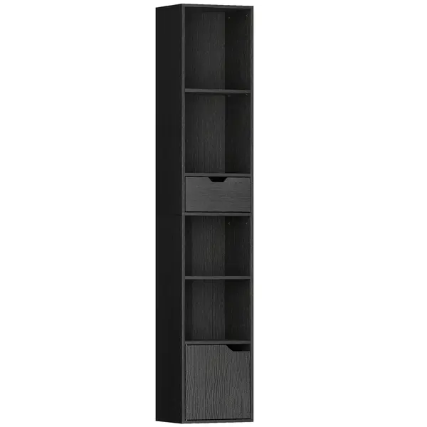 HOMCOM Bibliotecă cu 4 Rafturi Deschise, Dulap și Sertar, 30x24x158 cm, Negru | Aosom Romania
