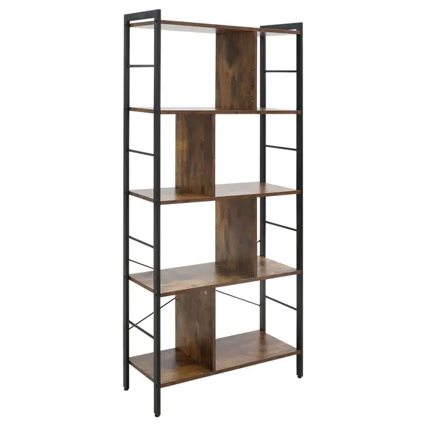 HOMCOM Bibliotecă cu 5 Rafturi, Compartimente Deschise, 77 x 30 x 157,5 cm, Maro Rustic și Negru | Aosom Romania