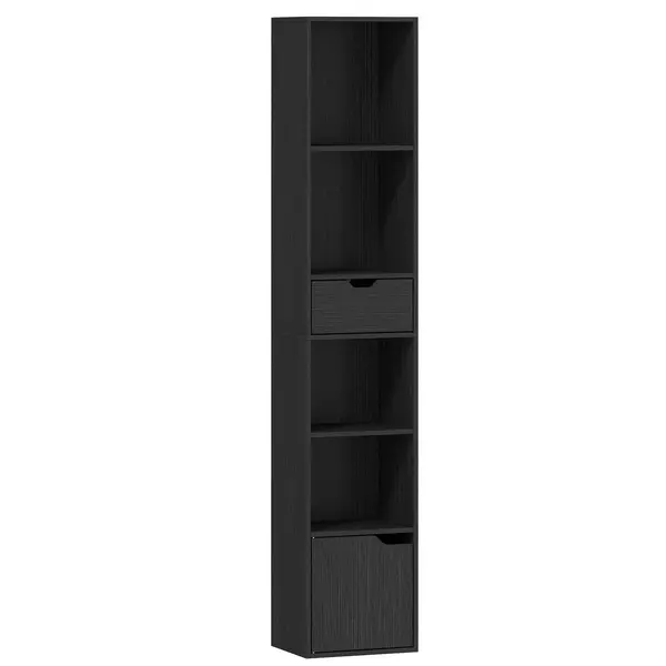 HOMCOM Bibliotecă cu 6 compartimente, cu sertar și compartiment reglabil, dulap de depozitare independent, 30 x 24 x 158 cm, Negru | Aosom Romania