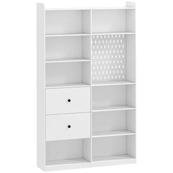 HOMCOM Bibliotecă Dublă cu 6 Niveluri, Sertare și Panou Perforat, Alb | Aosom Romania