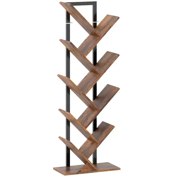 HOMCOM Bibliotecă în formă de copac cu 9 niveluri, corp de depozitare industrial cu cadru din oțel, 50x24x136cm, Maro rustic | Aosom Romania