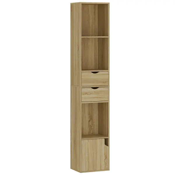 HOMCOM Bibliotecă Îngustă cu 6 Rafturi, Sertare, Ușă și Polițe Deschise, 30x24x158 cm, Stejar | Aosom Romania