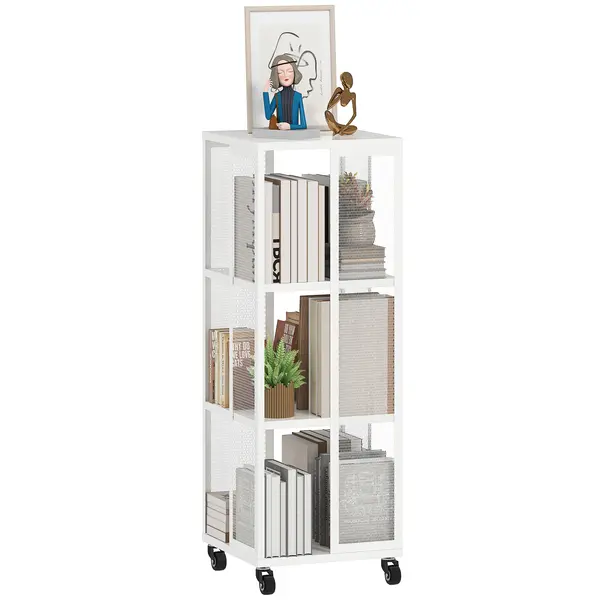 HOMCOM Bibliotecă Modernă cu 3 Rafturi și Roți, 35x35x99 cm, Alb | Aosom Romania