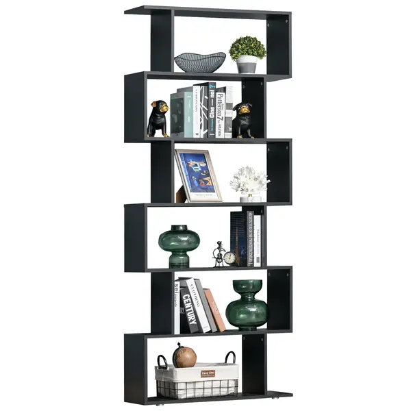 HOMCOM Bibliotecă Modernă cu 6 Rafturi, Design Zig-Zag, Lemn Rezistent, Ușor de Curățat, Negru, 80x24x191 cm | Aosom Romania