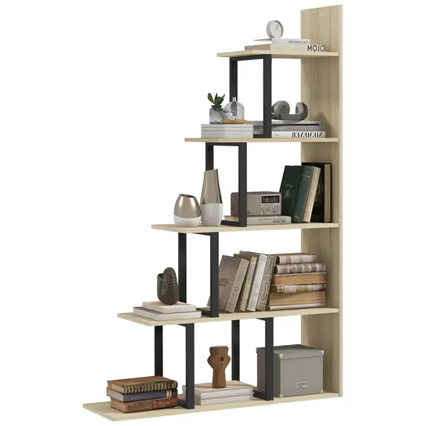 HOMCOM Bibliotecă raft separator de încăperi de stil industrial în formă de scară cu 5 rafturi 102 x 30 x 160 cm culoare stejar | Aosom Romania