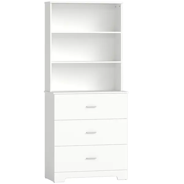 HOMCOM Bibliotecă Vitrină înaltă cu 3 sertare, 3 rafturi deschise, pentru living și bucătărie, 79x39,5x180 cm, alb | Aosom Romania