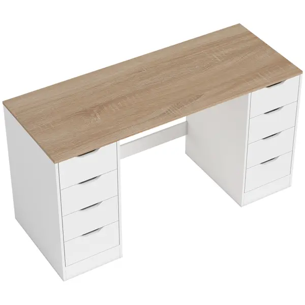 HOMCOM Birou de 140 cm pentru calculator, 8 sertare, birou pentru homeoffice, dormitor, oțel, lemn, alb | Aosom Romania