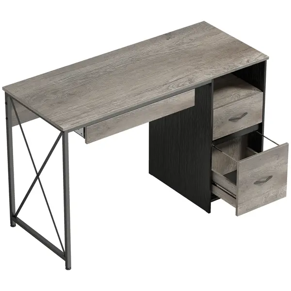 HOMCOM Birou de calculator, 120×50cm, birou cu depozitare, blat pentru tastatură, compartiment deschis și 2 sertare, gri | Aosom Romania