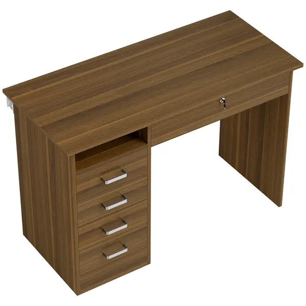 HOMCOM Birou de calculator cu 5 sertare, 110 x 50 cm, birou cu depozitare, raft deschis, sertar cu închidere, Nuc | Aosom Romania
