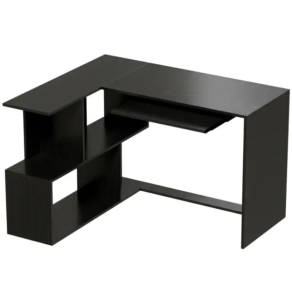 HOMCOM Birou de Colț, 120 x 100 x 76 cm, Birou pentru Calculator în L cu Suport pentru Tastatură, 4 Compartimente Deschise, Negru | Aosom Romania