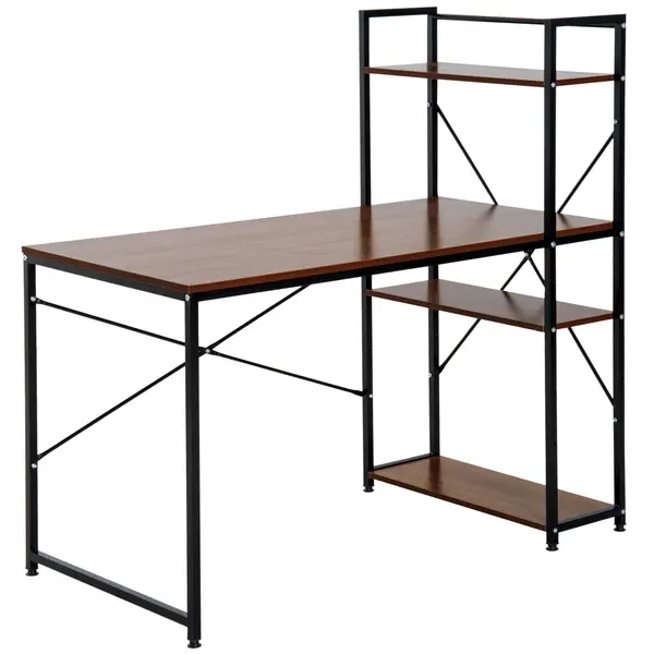 HOMCOM Birou de colț cu depozitare design industrial cu bibliotecă 3 rafturi panouri particulate aspect nuc metal negru | Aosom Romania