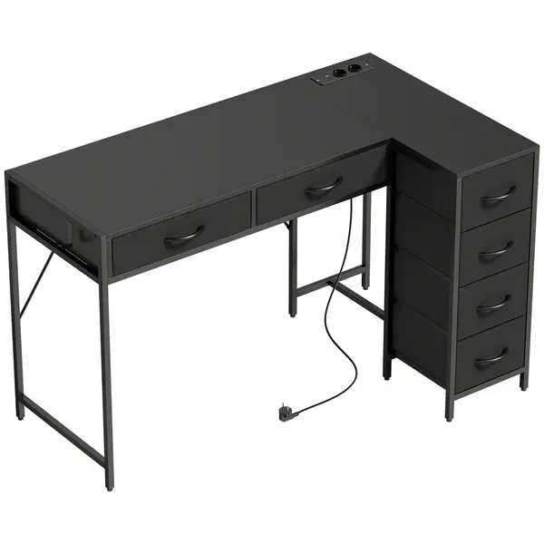 HOMCOM Birou de Colț Reversibil cu Prize și Porturi USB, 126x48 cm Birou în Formă de L cu 6 Sertare din Material Textil, Cârlig Lateral, pentru Computer, Birou, Cameră, Negru | Aosom Romania