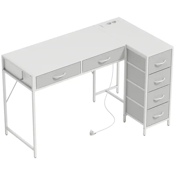 HOMCOM Birou de Colț Reversibil cu Prize și Porturi USB, 126x48 cm, Birou în Formă de L cu 6 Sertare din Material Textil, Cârlig Lateral, pentru Computer, Birou, Cameră, Alb | Aosom Romania