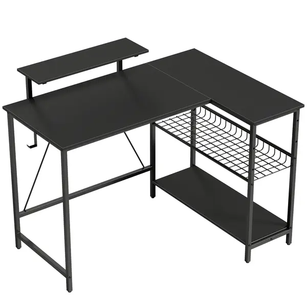 HOMCOM Birou gaming reversibil, birou de colț, suport pentru monitor, etajeră din plasă reglabilă, 114,5x82x91,5cm, negru | Aosom Romania
