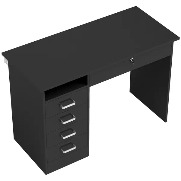 HOMCOM Birou modern cu 5 sertare, blat mare, 1 compartiment deschis, sertar închis cu cheie, 110 x 50 x 76cm, negru | Aosom Romania