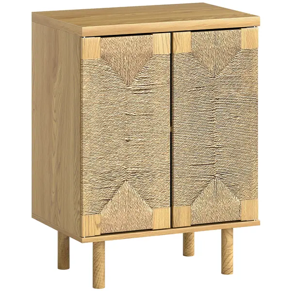 HOMCOM Bufet boem cu 2 uși cu sfoară împletită manual, raft reglabil, deschidere prin apăsare, stejar, 60x40x78 cm | Aosom Romania
