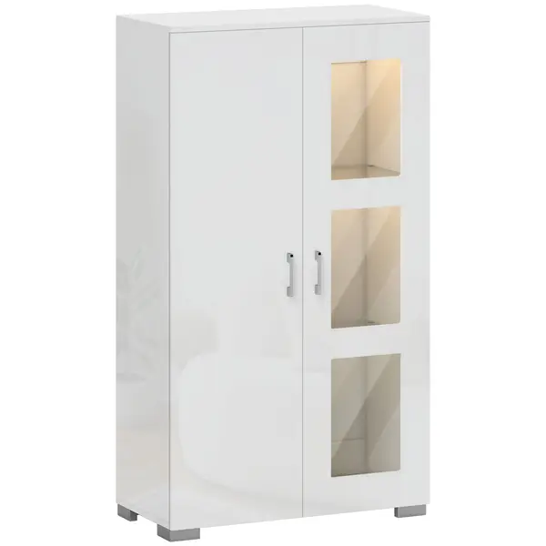 HOMCOM Bufet cu LED RGB 16 culori și telecomandă, finisaj lucios, uși vitrate, rafturi din sticlă, 71x35x126 cm, alb | Aosom Romania