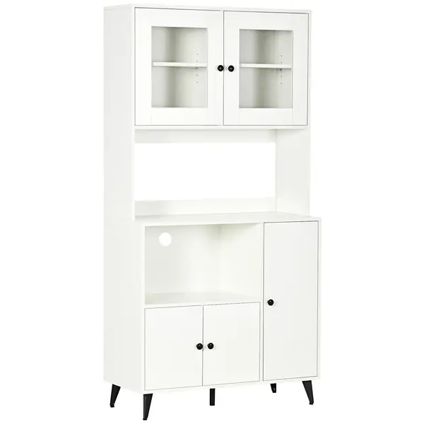 HOMCOM Bufet de bucătărie cu 3 dulapuri, nișe, rafturi reglabile, uși vitrate, pasă-cablu, 90x40x180cm, alb | Aosom Romania