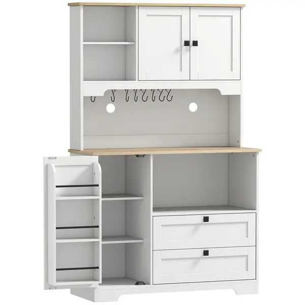 HOMCOM Bufet de Bucătărie Înalt 162 cm, Mobilier de Depozitare cu 2 Dulapuri, 2 Sertare, Suport Condimente, Orificii pentru Cabluri, Rafturi Reglabile, Blat pentru Cuptor cu Microunde, Suporturi pentru Cești, Alb | Aosom Romania