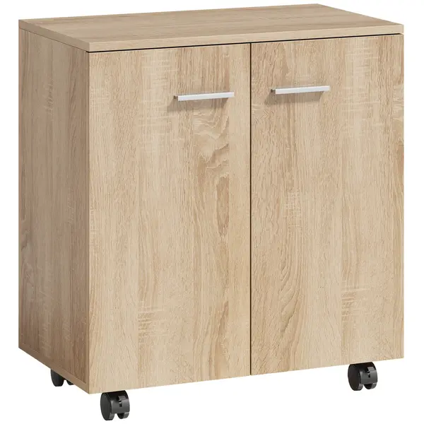 HOMCOM Bufet de living cu roți 2 uși și rafturi pentru living, dormitor, birou 60x35x65 cm Natural | Aosom Romania