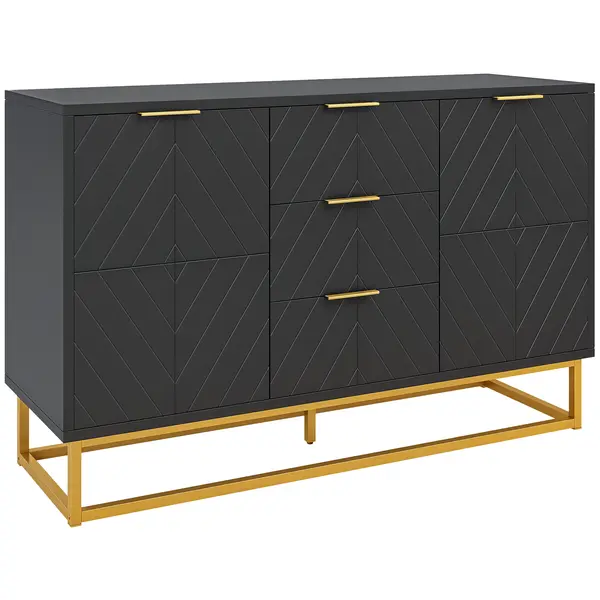 HOMCOM Bufet design contemporan grafic 2 dulapuri usa rafturi reglabile 3 sertare glisante din lemn negru metal aur | Aosom Romania