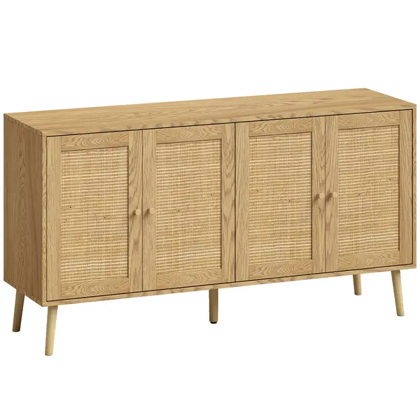 HOMCOM Bufet din rattan cu 4 uși, bufet boho de bucătărie cu 2 rafturi reglabile, aspect lemn natural | Aosom Romania