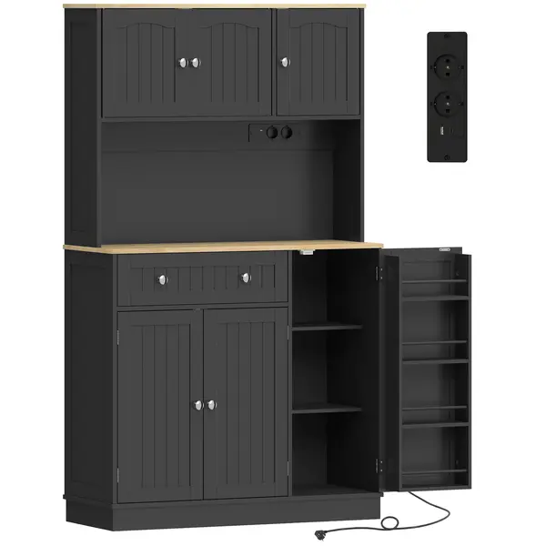 HOMCOM Bufet înalt bucătărie, dulap de bucătărie, stație de încărcare, 6 uși, blat de lucru, suport pentru condimente, 100x40x173cm, negru | Aosom Romania