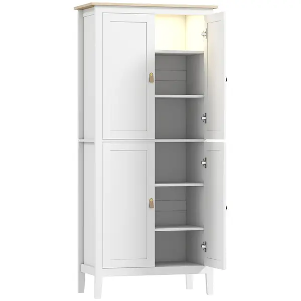 HOMCOM Bufet Înalt de Bucătărie 177 cm, Dulap cu Lumină LED, Reglabil în 3 Culori, Rafturi Ajustabile, Alb | Aosom Romania