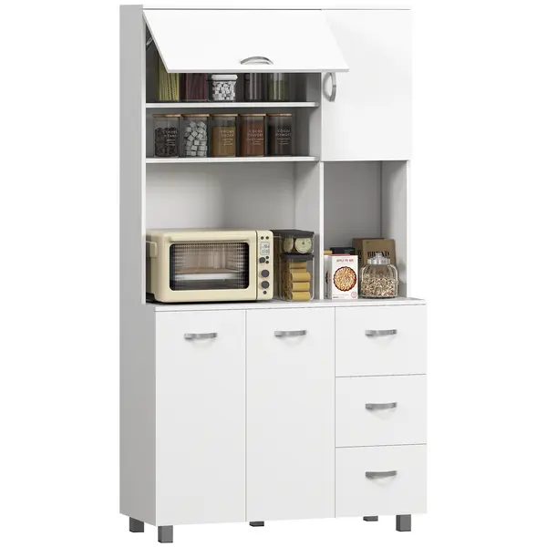 Homcom Bufet Înalt pentru Bucătărie, Dulap cu Sertare și Dulapioare, Rafturi Deschise pentru Microunde, 100x39.5x183.5cm, Alb | Aosom Romania