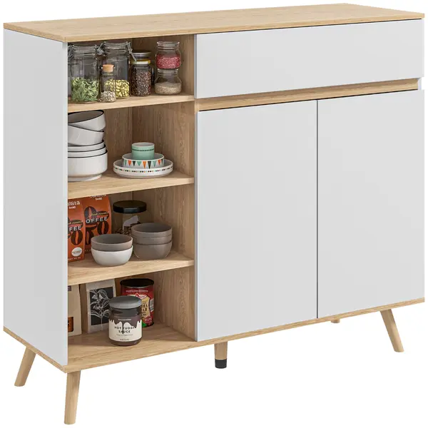 HOMCOM Bufet mobilier de depozitare bucătărie stil scandinav 1 placard dublă ușă 1 sertar și 4 nișe rafturi reglabile alb | Aosom Romania