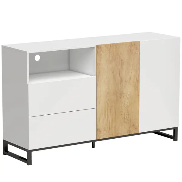 HOMCOM Bufet Modern 140 cm cu Poliță Deschisă, Alb și Stejar | Aosom Romania