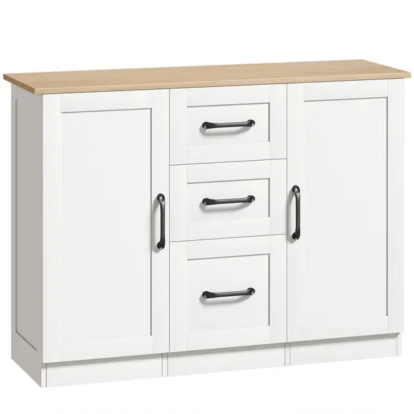 HOMCOM Bufet pentru living, mobilier de depozitare cu 2 uși cu închidere silențioasă și 3 sertare, 110x35x80,4cm, alb și lemn natural | Aosom Romania