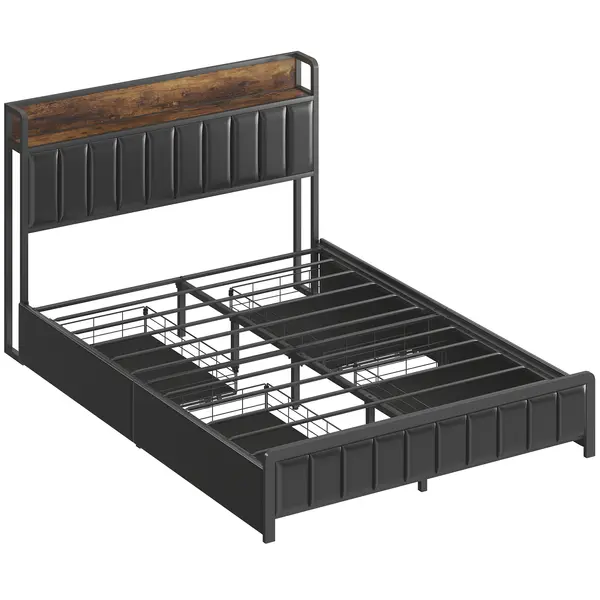 HOMCOM Cadru de pat 140 x 190 cm cu somieră cu lamele metalice, pat dublu căptușit cu 4 sertare și poliță, negru | Aosom Romania
