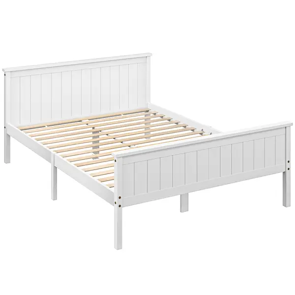 HOMCOM Cadru de pat 140 x 200 cm, pat simplu din lemn masiv cu somier cu șipci tăblie și panou la picioare incluse, montaj ușor, alb | Aosom Romania