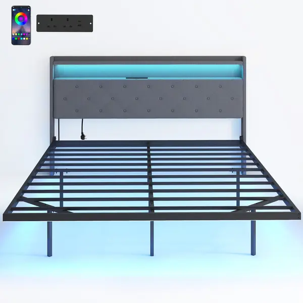 HOMCOM Cadru de pat 160 x 200 cm cu somieră din oțel, pat dublu plutitor cu lumini LED RGB și stație de încărcare, gri | Aosom Romania