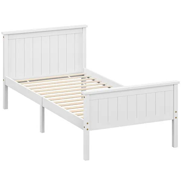 HOMCOM Cadru de pat 90 x 200 cm, pat simplu din lemn masiv cu somieră cu lamele, tăblie și tablie la picioare incluse, asamblare ușoară, alb | Aosom Romania
