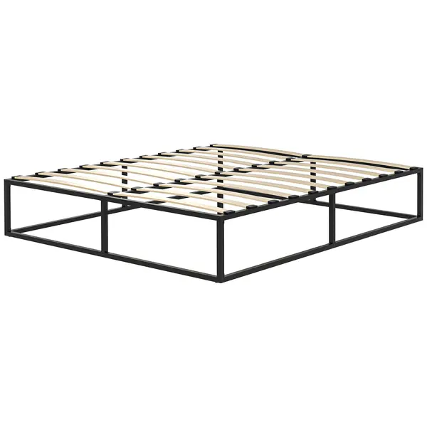 HOMCOM Cadru de Pat de 35cm cu Platforma Dubla din Otel, Cadru 190x160cm, cu Suport cu Lamele de Placaj si Depozitare sub Pat, Negru | Aosom Romania