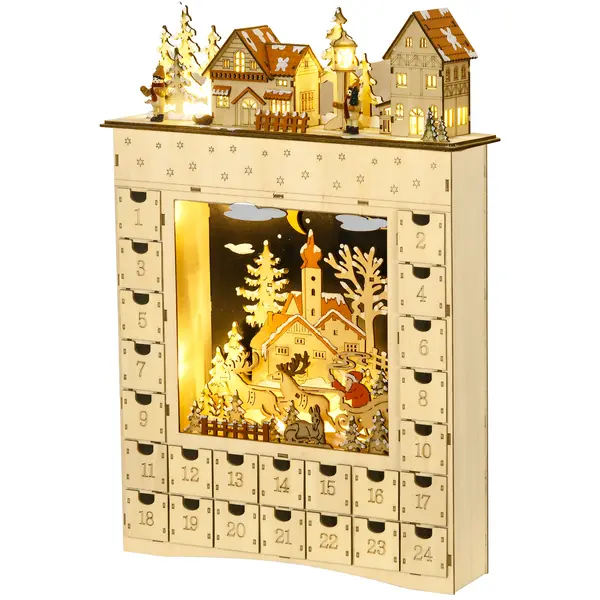 HOMCOM Calendar de Advent LED în formă de sat acoperit de zăpadă cu 24 de sertărașe decorațiune luminoasă de Crăciun bej | Aosom Romania