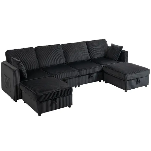 HOMCOM Canapea colț 4 locuri formă U cu ottoman cu depozitare, colțar 306 cm cu aspect cord, 4 perne, pentru living | Aosom Romania