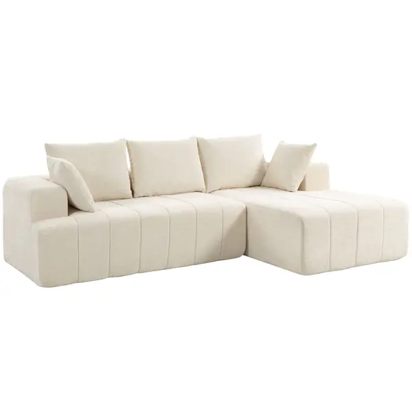 HOMCOM Canapea colțar 256 cm cu șezlong, canapea-extensibilă 3 locuri în chenille formă L, șezut și cotiere late, bej | Aosom Romania